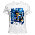 White t-shirt with graduation-themed design featuring a person in a cap and gown, surrounded by smaller images of people in academic settings.