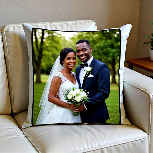 Decorative pillow with a wedding couple on a beige couch