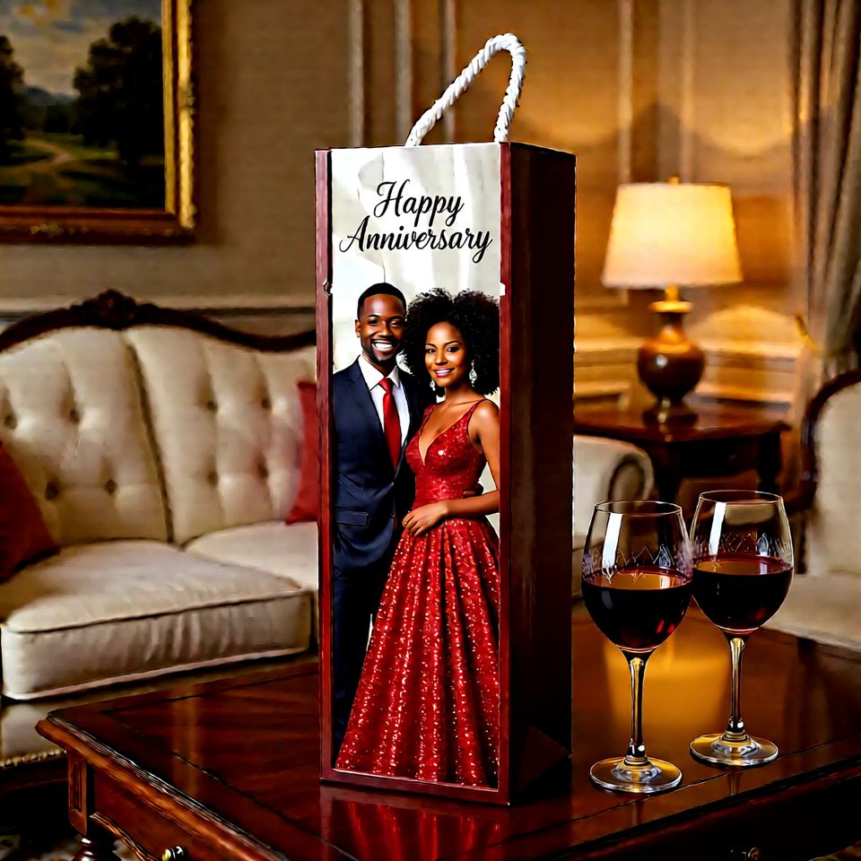 Wine bottle box with a couple's photo and 'Happy Anniversary' text, placed on a table with two glasses of red wine.
