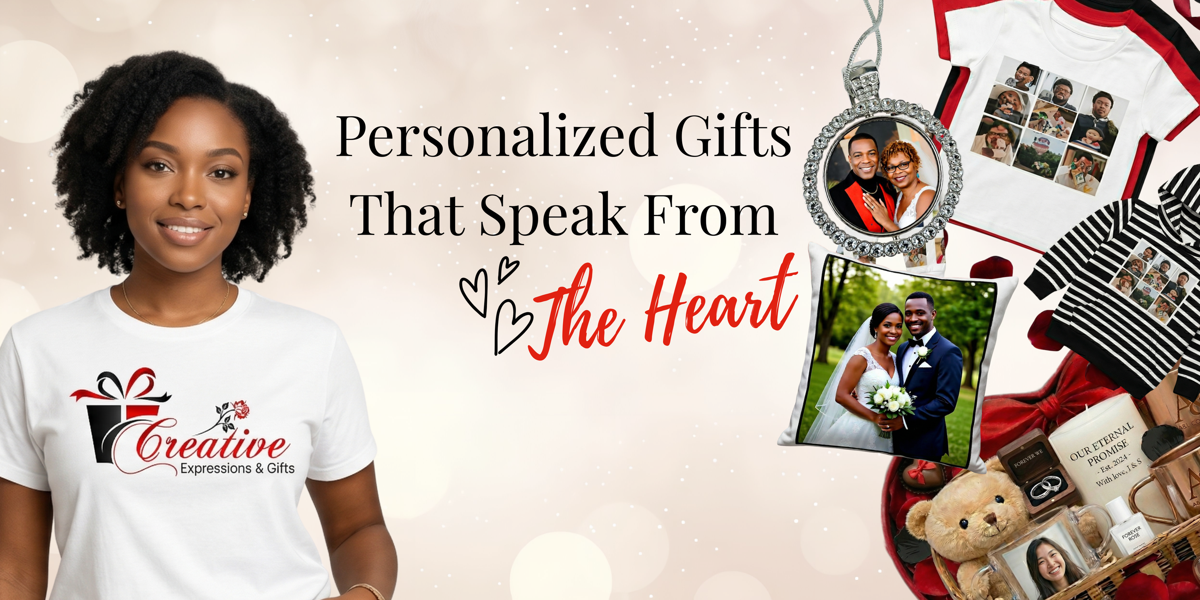 Promotional banner for personalized gifts with a woman wearing a branded t-shirt and various gift items.